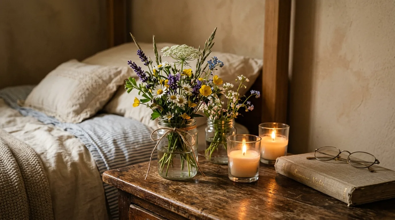 Keep wood tones warm and slightly rustic inspiration for a cottagecore bedroom.